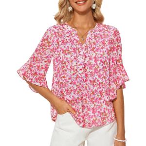 imageGRACE KARIN Womens Summer 34 Sleeve Tops Boho Floral Blouses Dressy Casual Tunic Ruffle V Neck Loose Fit Button up ShirtsPink Floral