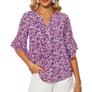 imageGRACE KARIN Womens Summer 34 Sleeve Tops Boho Floral Blouses Dressy Casual Tunic Ruffle V Neck Loose Fit Button up ShirtsPurple Floral