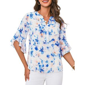 imageGRACE KARIN Womens Summer 34 Sleeve Tops Boho Floral Blouses Dressy Casual Tunic Ruffle V Neck Loose Fit Button up ShirtsWhite and Blue Floral