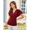 imageGRACE KARIN 2025 Womens Tops Summer Wrap Blouse V Neck Ruffle Sleeve Dressy Casual Top Ruched TShirtsWine Red