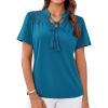imageGRACE KARIN 2025 Womens Lace Elegant Tops Tie V Neck Short Sleeve Shirts BlouseBlue Green