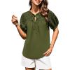 imageGRACE KARIN Womens Dressy Casual Tops Puff Sleeve Drawstring Summer Shirts Hollow Out Eyelet Embroidery V Neck BlouseOlive Green