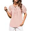 imageGRACE KARIN Womens Dressy Casual Tops Puff Sleeve Drawstring Summer Shirts Hollow Out Eyelet Embroidery V Neck BlousePink