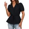 imageGRACE KARIN Womens Summer Tops V Neck Short Sleeve Tie Front Blouses Peplum Babydoll TopBlack