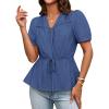imageGRACE KARIN Womens Summer Tops V Neck Short Sleeve Tie Front Blouses Peplum Babydoll TopBlue