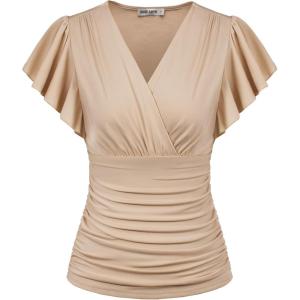 imageGRACE KARIN 2025 Womens Tops Summer Wrap Blouse V Neck Ruffle Sleeve Dressy Casual Top Ruched TShirtsApricot