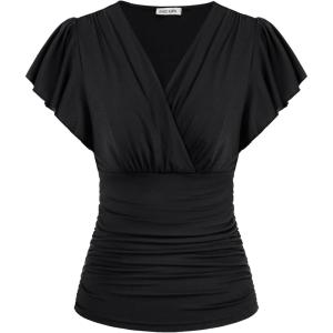 imageGRACE KARIN 2025 Womens Tops Summer Wrap Blouse V Neck Ruffle Sleeve Dressy Casual Top Ruched TShirtsBlack