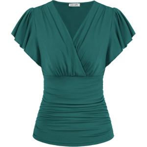 imageGRACE KARIN 2025 Womens Tops Summer Wrap Blouse V Neck Ruffle Sleeve Dressy Casual Top Ruched TShirtsBlue Green