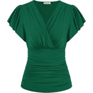 imageGRACE KARIN 2025 Womens Tops Summer Wrap Blouse V Neck Ruffle Sleeve Dressy Casual Top Ruched TShirtsDark Green