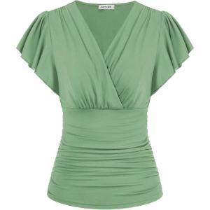 imageGRACE KARIN 2025 Womens Tops Summer Wrap Blouse V Neck Ruffle Sleeve Dressy Casual Top Ruched TShirtsGreen