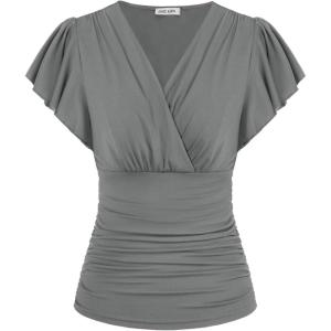 imageGRACE KARIN 2025 Womens Tops Summer Wrap Blouse V Neck Ruffle Sleeve Dressy Casual Top Ruched TShirtsGrey