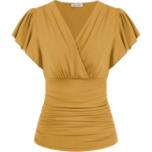 imageGRACE KARIN 2025 Womens Tops Summer Wrap Blouse V Neck Ruffle Sleeve Dressy Casual Top Ruched TShirtsMustard Yellow