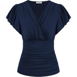 imageGRACE KARIN 2025 Womens Tops Summer Wrap Blouse V Neck Ruffle Sleeve Dressy Casual Top Ruched TShirtsNavy Blue