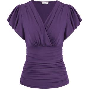 imageGRACE KARIN 2025 Womens Tops Summer Wrap Blouse V Neck Ruffle Sleeve Dressy Casual Top Ruched TShirtsPurple