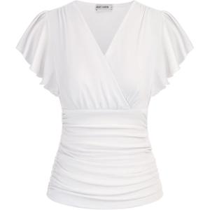 imageGRACE KARIN 2025 Womens Tops Summer Wrap Blouse V Neck Ruffle Sleeve Dressy Casual Top Ruched TShirtsWhite