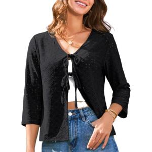 imageGRACE KARIN Womens 2025 Tie Ftont Cropped Cardigan 34 Sleeve Lightweight HollowedOut Eyelet ShrugBlack