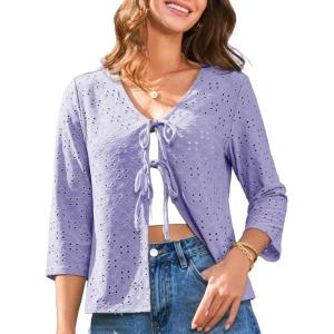 imageGRACE KARIN Womens 2025 Tie Ftont Cropped Cardigan 34 Sleeve Lightweight HollowedOut Eyelet ShrugLight Purple