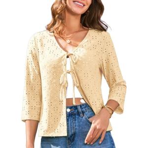imageGRACE KARIN Womens 2025 Tie Ftont Cropped Cardigan 34 Sleeve Lightweight HollowedOut Eyelet ShrugLight Yellow