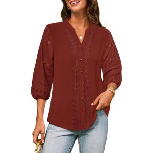 imageGRACE KARIN Womens Dressy Casual Tops 34 Sleeve Business Work Blouses Hollow Out Embroidery Button Down ShirtsDark Red