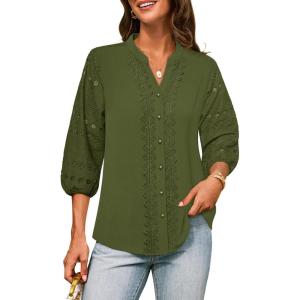 imageGRACE KARIN Womens Dressy Casual Tops 34 Sleeve Business Work Blouses Hollow Out Embroidery Button Down ShirtsGreen