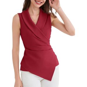 imageGRACE KARIN Womens Wrap V Neck Casual Work Tops Sleeveless Office Dressy Summer Blouse Asymmetrical Elegant ShirtsRed