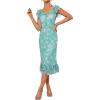 imageWomens Summer Floral Midi Dress Wedding Guest Party Dress Mermaid Bodycon Mesh Ruffle DressBlue Green Flower