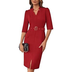 imageGRACE KARIN Womens Work Dress 34 Sleeve V Neck Bodycon Sheath Dress Zipper Up Office Business Dresses with BeltDark Red