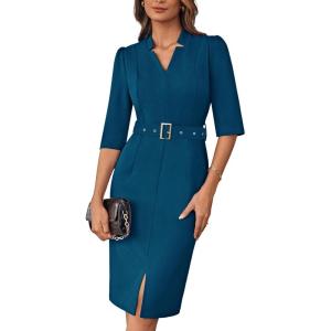 imageGRACE KARIN Womens Work Dress 34 Sleeve V Neck Bodycon Sheath Dress Zipper Up Office Business Dresses with BeltPeacock Blue