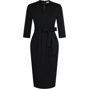 imageGRACE KARIN Womens Work Dresses V Neck 34 Sleeve Back Zipper Tie Waist Bodycon Dress Office Cocktail Dress with PocketsBlack