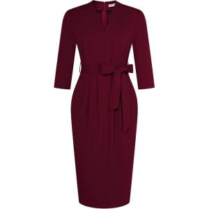 imageGRACE KARIN Womens Work Dresses V Neck 34 Sleeve Back Zipper Tie Waist Bodycon Dress Office Cocktail Dress with PocketsBurgundy