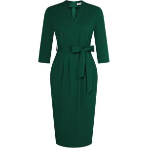 imageGRACE KARIN Womens Work Dresses V Neck 34 Sleeve Back Zipper Tie Waist Bodycon Dress Office Cocktail Dress with PocketsDark Green