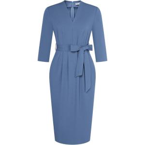 imageGRACE KARIN Womens Work Dresses V Neck 34 Sleeve Back Zipper Tie Waist Bodycon Dress Office Cocktail Dress with PocketsDusty Blue