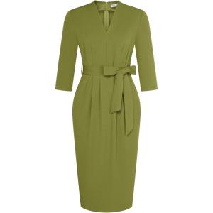 imageGRACE KARIN Womens Work Dresses V Neck 34 Sleeve Back Zipper Tie Waist Bodycon Dress Office Cocktail Dress with PocketsOlive Green