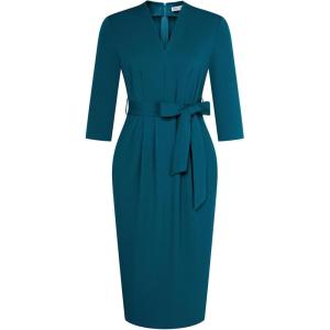 imageGRACE KARIN Womens Work Dresses V Neck 34 Sleeve Back Zipper Tie Waist Bodycon Dress Office Cocktail Dress with PocketsPeacock Blue