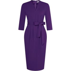 imageGRACE KARIN Womens Work Dresses V Neck 34 Sleeve Back Zipper Tie Waist Bodycon Dress Office Cocktail Dress with PocketsPurple