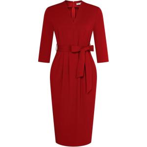 imageGRACE KARIN Womens Work Dresses V Neck 34 Sleeve Back Zipper Tie Waist Bodycon Dress Office Cocktail Dress with PocketsRed