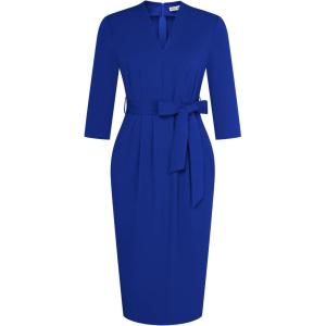 imageGRACE KARIN Womens Work Dresses V Neck 34 Sleeve Back Zipper Tie Waist Bodycon Dress Office Cocktail Dress with PocketsRoyal Blue