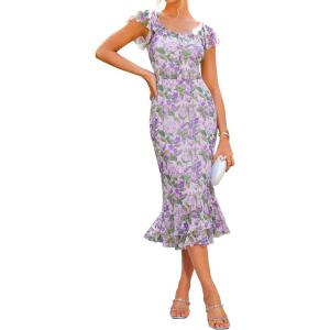 imageWomens Summer Floral Midi Dress Wedding Guest Party Dress Mermaid Bodycon Mesh Ruffle DressApricot Light Purple Flower