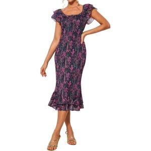 imageWomens Summer Floral Midi Dress Wedding Guest Party Dress Mermaid Bodycon Mesh Ruffle DressBlack Purple Flowers