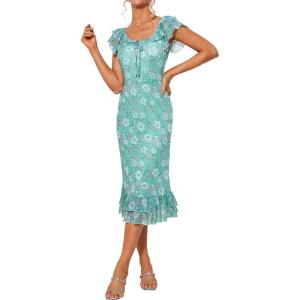 imageWomens Summer Floral Midi Dress Wedding Guest Party Dress Mermaid Bodycon Mesh Ruffle DressBlue Green Flower