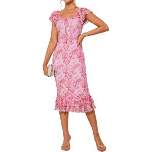 imageWomens Summer Floral Midi Dress Wedding Guest Party Dress Mermaid Bodycon Mesh Ruffle DressLight Pink Rose