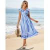 imageGRACE KARIN Womens Summer Dress Casual Boho Beach V Neck Smocked Waist Front Ruffle Floral Maxi Dresses with PocketsBlue Boho Striped