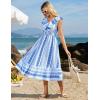 imageGRACE KARIN Womens Summer Dress Casual Boho Beach V Neck Smocked Waist Front Ruffle Floral Maxi Dresses with PocketsBlue Boho Striped