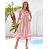 imageGRACE KARIN Womens Summer Dress Casual Boho Beach V Neck Smocked Waist Front Ruffle Floral Maxi Dresses with PocketsPink Striped