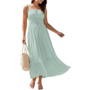 imageGRACE KARIN 2025 Womens Casual Spaghetti Straps Square Neck Maxi Dress Ruffle Flowy A Line Smocked Dress with PocketsLight Green