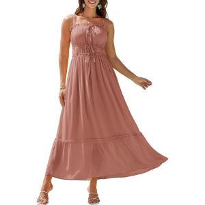 imageGRACE KARIN 2025 Womens Casual Spaghetti Straps Square Neck Maxi Dress Ruffle Flowy A Line Smocked Dress with PocketsLight Red Brown