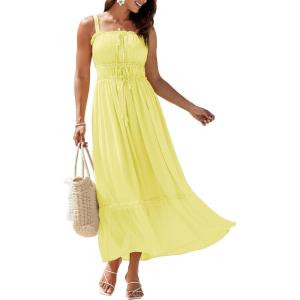 imageGRACE KARIN 2025 Womens Casual Spaghetti Straps Square Neck Maxi Dress Ruffle Flowy A Line Smocked Dress with PocketsLight Yellow