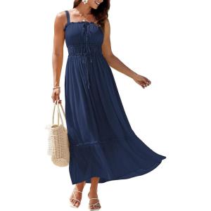 imageGRACE KARIN 2025 Womens Casual Spaghetti Straps Square Neck Maxi Dress Ruffle Flowy A Line Smocked Dress with PocketsNavy Blue