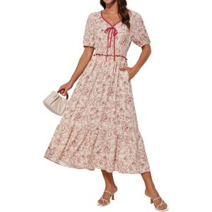 imageGRACE KARIN 2025 Womens Summer Floral Flowy A Line Midi Dresses Elegant Short Sleeve Smocked VNeck Tiered DressesBeige Pink