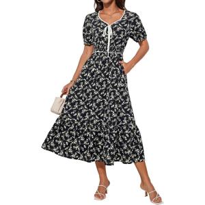imageGRACE KARIN 2025 Womens Summer Floral Flowy A Line Midi Dresses Elegant Short Sleeve Smocked VNeck Tiered DressesBlack